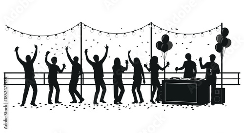 A joyful celebration with dancing figures confetti and city lights in the background silhouette