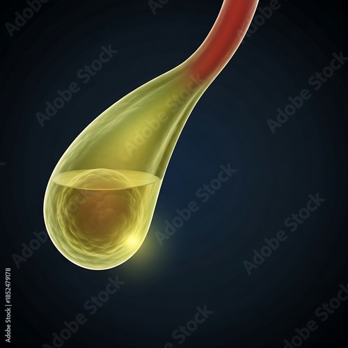 Cholecystitis with Empyema (Pus): An inflamed gallbladder containing a heavy, opaque, yellow-green internal fluid (pus), visibly stretching the walls. Hot-spot illumination on the infection. Dark blue