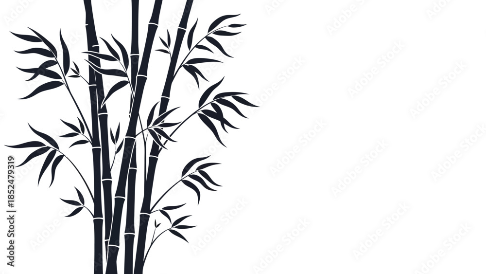 Obraz premium Elegant Black Bamboo Stalks and Leaves Silhouette on White Background.