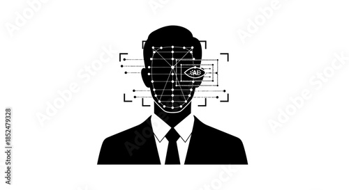 Facial recognition software scans a man's face in a business suit.