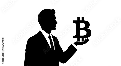 A businessman in a suit holds a large Bitcoin symbol in his hand, showcasing digital currency