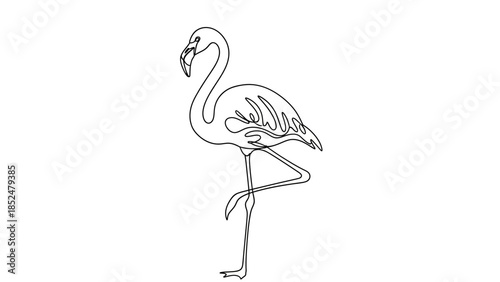 Elegant Flamingo Line Drawing Standing on One Leg.