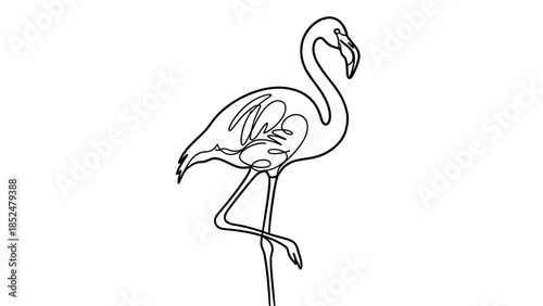 Elegant Flamingo Standing on One Leg Line Art Illustration.