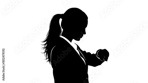 A silhouette illustration of a woman in business attire checks her wristwatch.