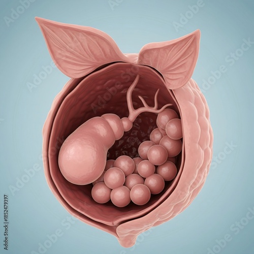 Gallbladder Tumors (Benign): A healthy-looking gallbladder with multiple, small, smooth, non-threatening spheres attached to the internal wall. Soft illumination, educational contrast. Pale blue backg