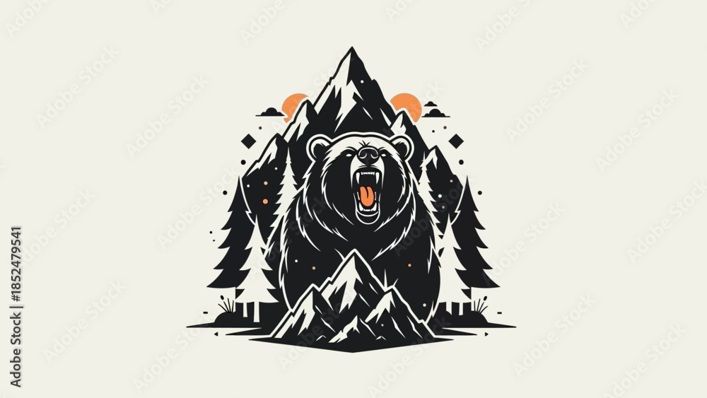 Obraz premium Fierce Grizzly Bear Roaring in Mountain Wilderness.