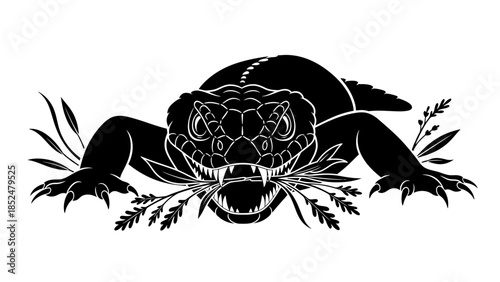 Ferocious black lizard with sharp teeth holding plants in its mouth.