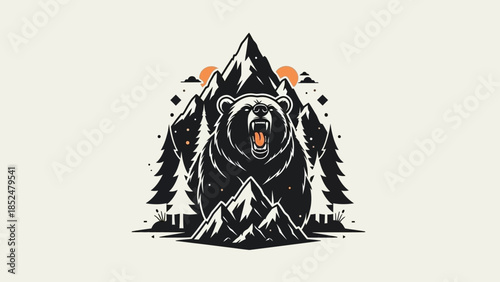 Fierce Grizzly Bear Roaring in Mountain Wilderness.