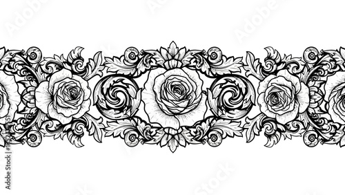 Elegant Rose Floral Border Design Black and White.