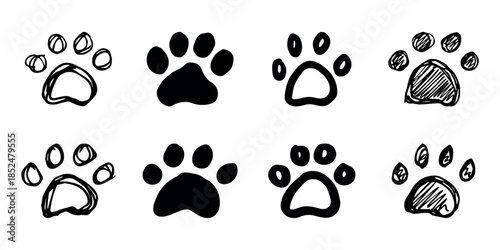 Set of hand drawn cute cat's paw Cat, dog, animal footprint in doodle style Single element for print, web, design, decor, greeting cards, children's prints