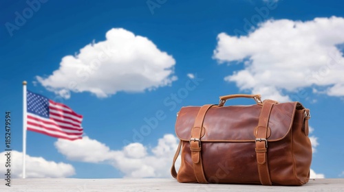 American dream: everyone wants to travel to the amazing country of the United States of America. Leather luggage bag and waving American flag
