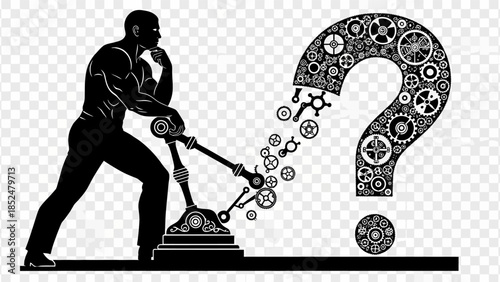 Man uses lever to construct question mark with gears on transparent background