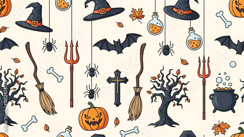Halloween seamless pattern with spooky elements and festive decorations.