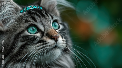Close-up of a tabby cat with striking blue eyes and a beaded headband.