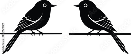 Two small black birds perched on a wire, facing each other, symmetrical, simple silhouette vector illustration, nature and spring graphic design element, isolated on white background.
