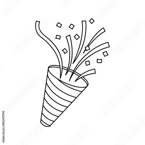 A Black and White Line Art Illustration of a Party Popper Exploding with Confetti and Streamers