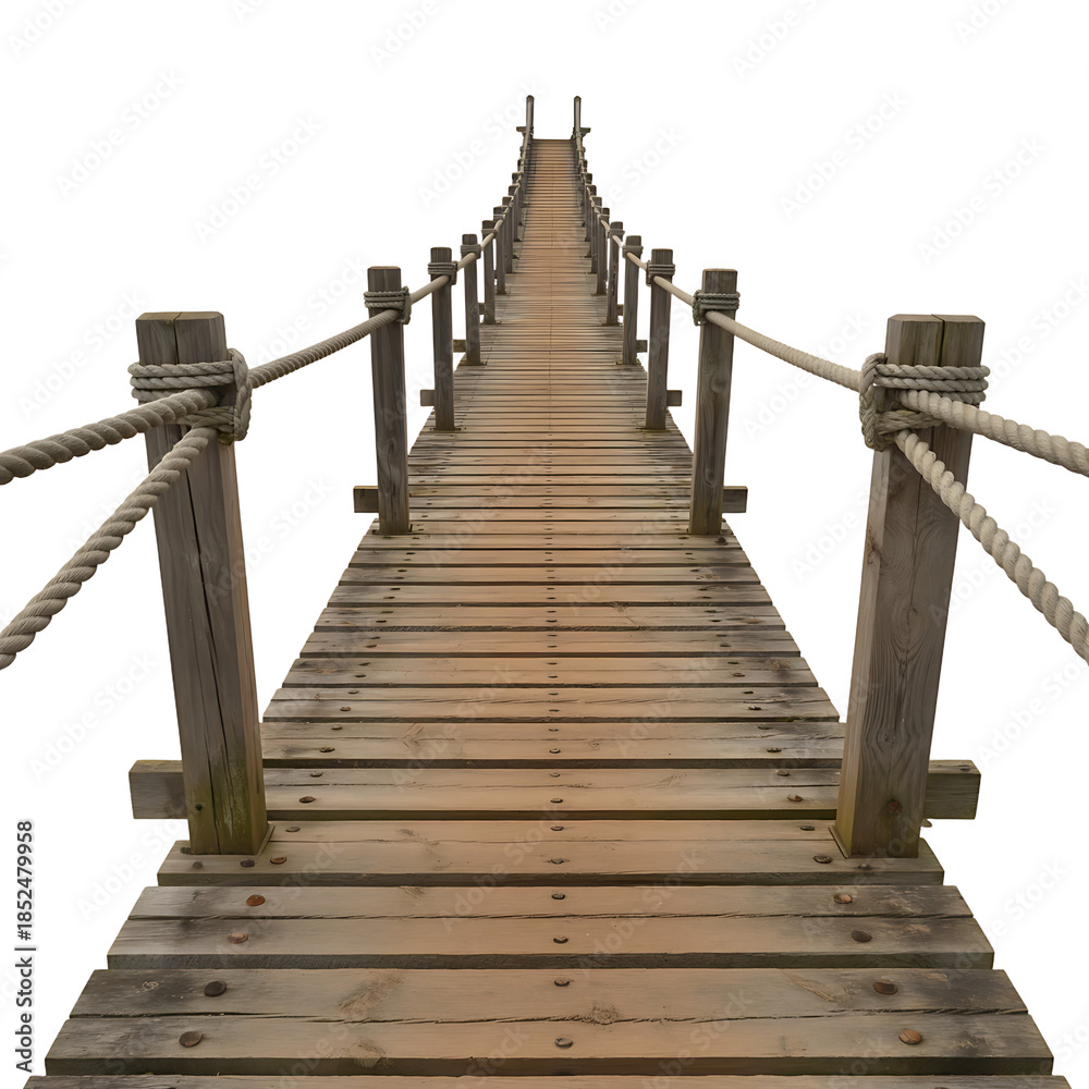 Obraz premium A long wooden suspension bridge with rope handrails on a black background