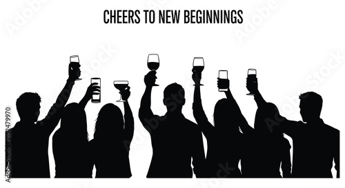 Celebrating with glasses raised in a group a joyful occasion depicted as a silhouette