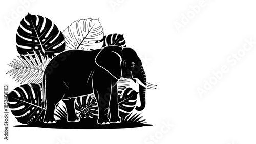 Majestic Elephant Silhouette Amidst Lush Tropical Foliage.