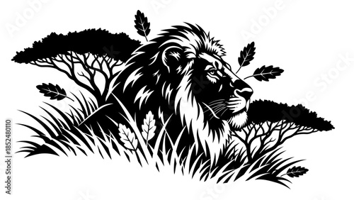 Majestic Lion Portrait in Silhouette Style.