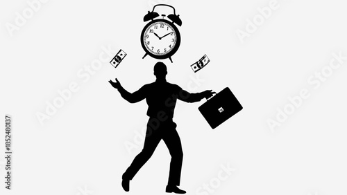 A man in a suit juggling a briefcase, money, and an alarm clock while balancing.