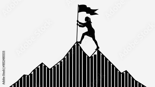 A triumphant figure climbs to the peak of a mountain range, proudly holding a flag aloft, symbolizing achievement and success in a striking illustration.