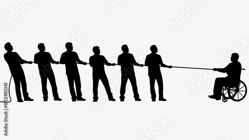 Group of people pulling a person in a wheelchair together, symbolizing teamwork, assistance, and support in a challenging situation.