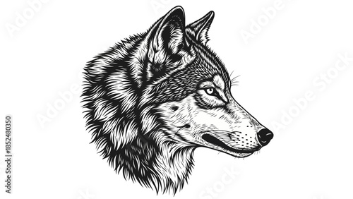 Majestic Wolf Head Profile Detailed Black and White Illustration.