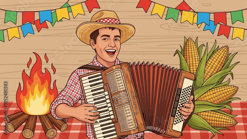Man playing accordion at a festive outdoor gathering with corn and bonfire.