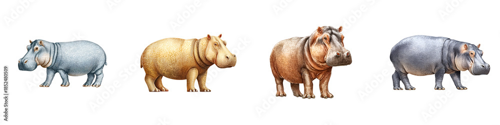 Fototapeta premium Realistic Hippopotamus Set, Watercolor Painting on White