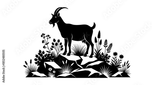 Mountain Goat Silhouette Standing on Rocks with Wild Plants.