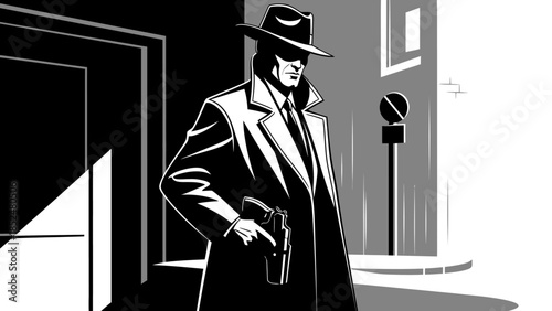 Mysterious Detective in Trench Coat Holding a Gun.