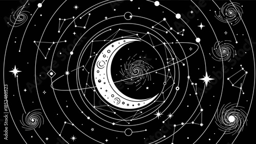 Mystical Crescent Moon and Celestial Orbits in a Cosmic Tapestry.