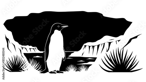 Penguin standing in a stark black and white landscape.