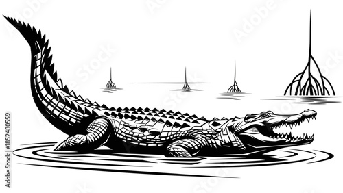 Powerful Alligator with Open Mouth in Water Vector Illustration.