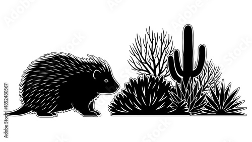 Porcupine in Desert Landscape with Cactus and Shrubs Black and White Illustration.