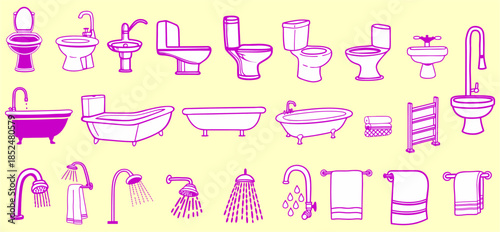 Collection of hand drawn doodle style bathroom plumbing fixtures and accessories toilet equipment icons set. Vector illustration of outline toilet, bathtub, sink and shower icons.