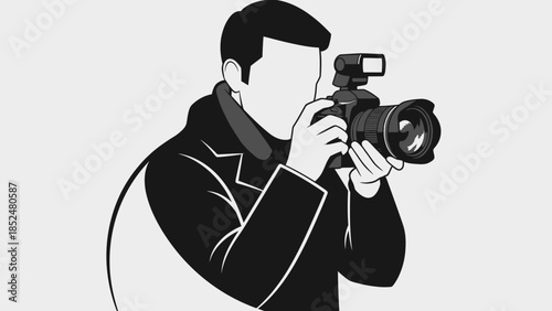 Professional Photographer Capturing Moments with DSLR Camera and Flash.