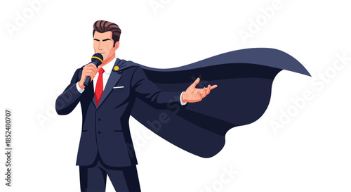 Superhero Businessman Speaker with Microphone and Flowing Cape for Leadership and Presentation Concepts