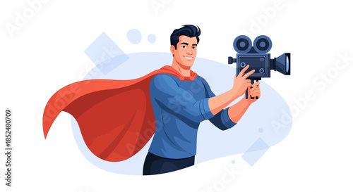 Superhero Filmmaker with Vintage Movie Camera Illustration for Video Production Concept