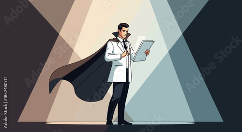 Superhero Doctor in Lab Coat with Cape Presenting Medical Data on Clipboard Under Spotlight