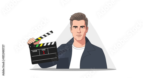 Young Film Director or Actor Holding a Movie Clapperboard for Video Production on White Background