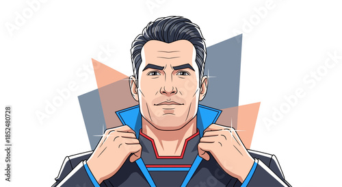 Confident Businessman in Superhero Style Attire Adjusting Collar Modern Vector Portrait