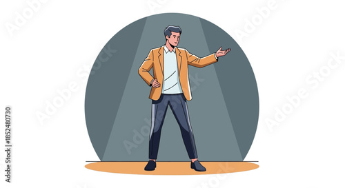 Confident Businessman Presenting on Stage Under Spotlight Illustration