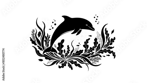 Silhouette of a Dolphin Leaping Through Underwater Plants.