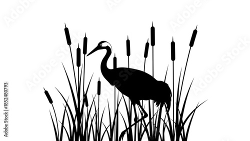 Silhouette of a graceful crane amidst tall cattails in a wetland scene.
