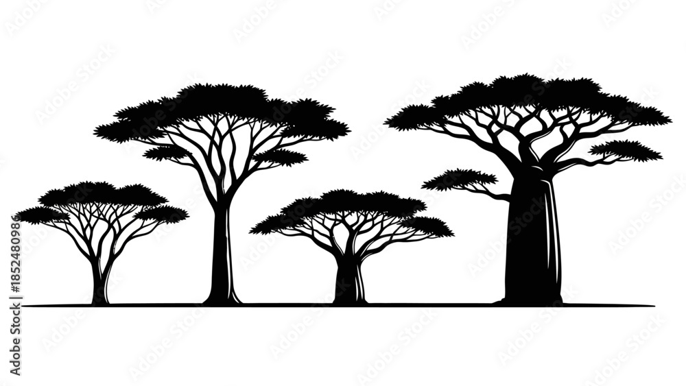 Fototapeta premium Silhouette of diverse African trees including baobab and acacia.
