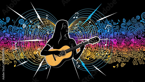 Silhouette of a woman playing a guitar with vibrant musical notes and sound waves emanating outwards.
