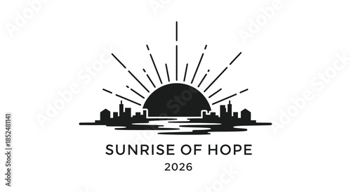 A striking cityscape illustration with a rising sun and water reflection a beautiful silhouette