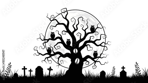Spooky Halloween Tree with Owls and Gravestones Silhouette.